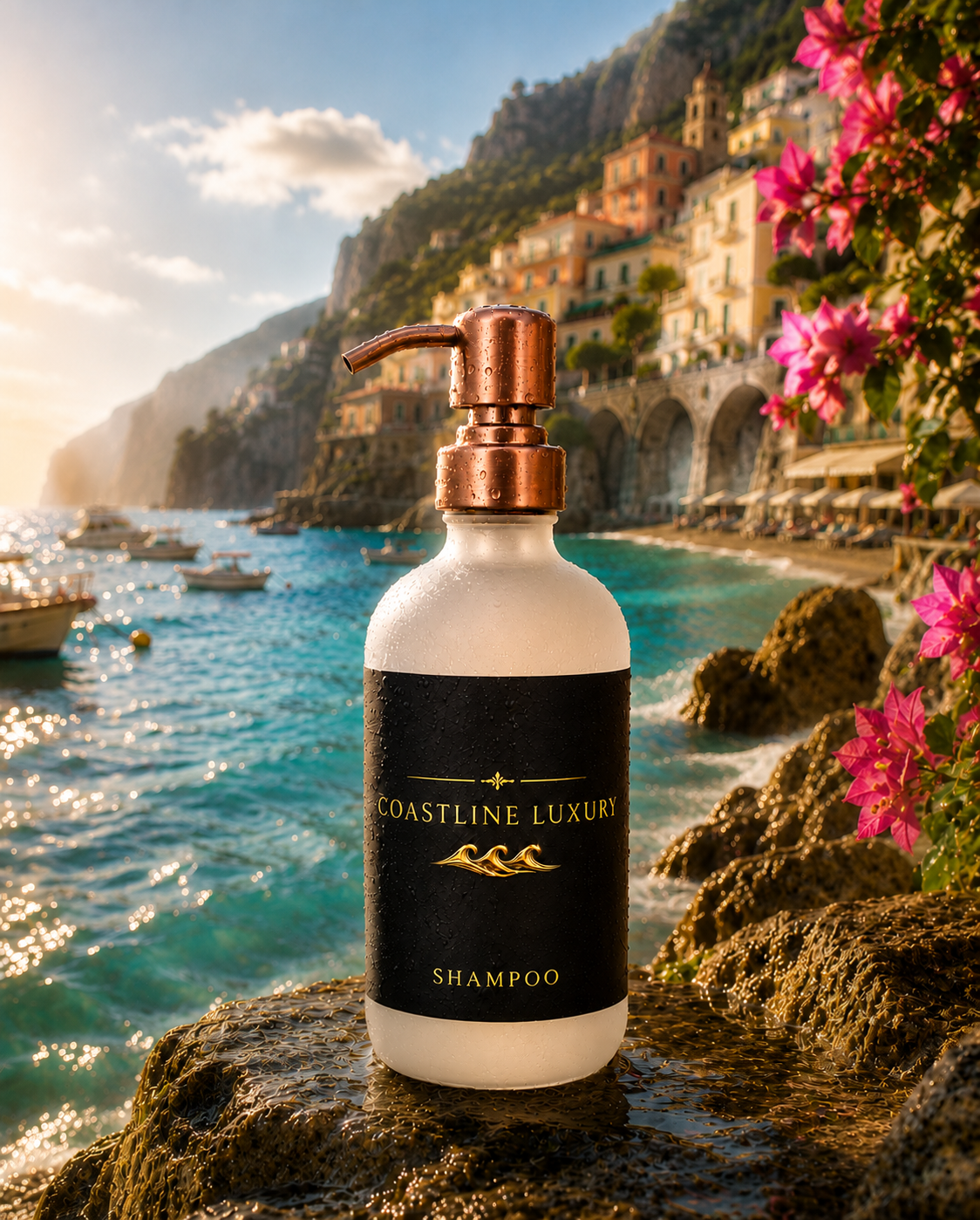 Coastline Luxury superfood shampoo bottle on wet coastal stone